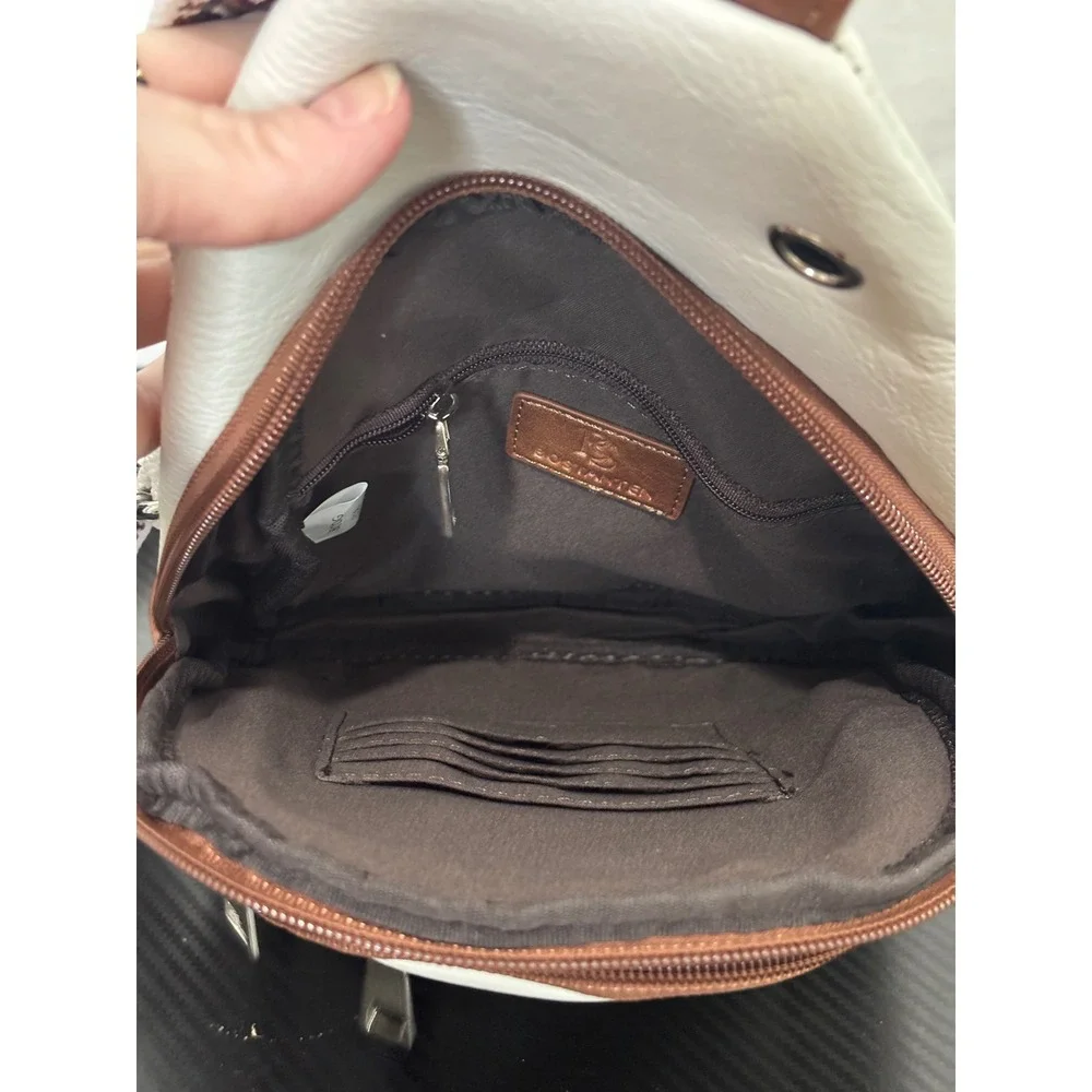 Women's Crossbody Purse White Brown Vegan Leather Bag Chevron Guitar Strap